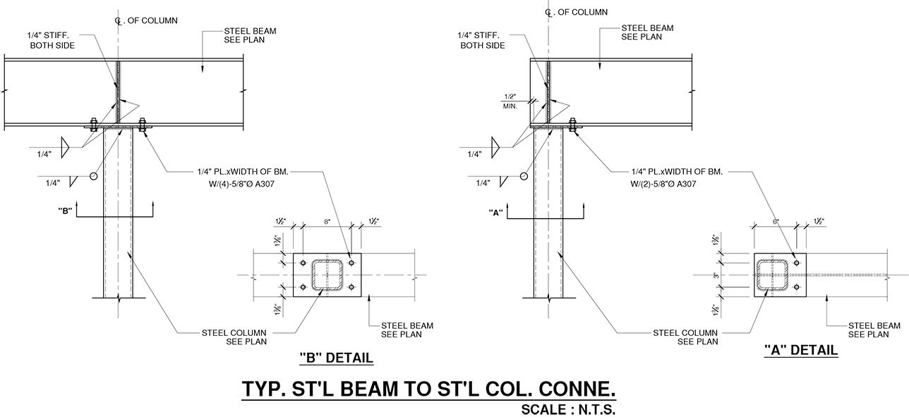 Steel beam bearing on an HSS column cap plate with bottom flange bolts and web stiffeners