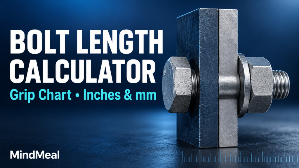 Bolt length calculator and grip chart showing a structural bolt connecting two steel plates, with inch and millimeter units.