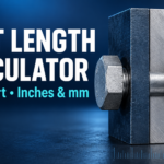 Bolt length calculator and grip chart showing a structural bolt connecting two steel plates, with inch and millimeter units.