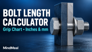 Bolt length calculator and grip chart showing a structural bolt connecting two steel plates, with inch and millimeter units.