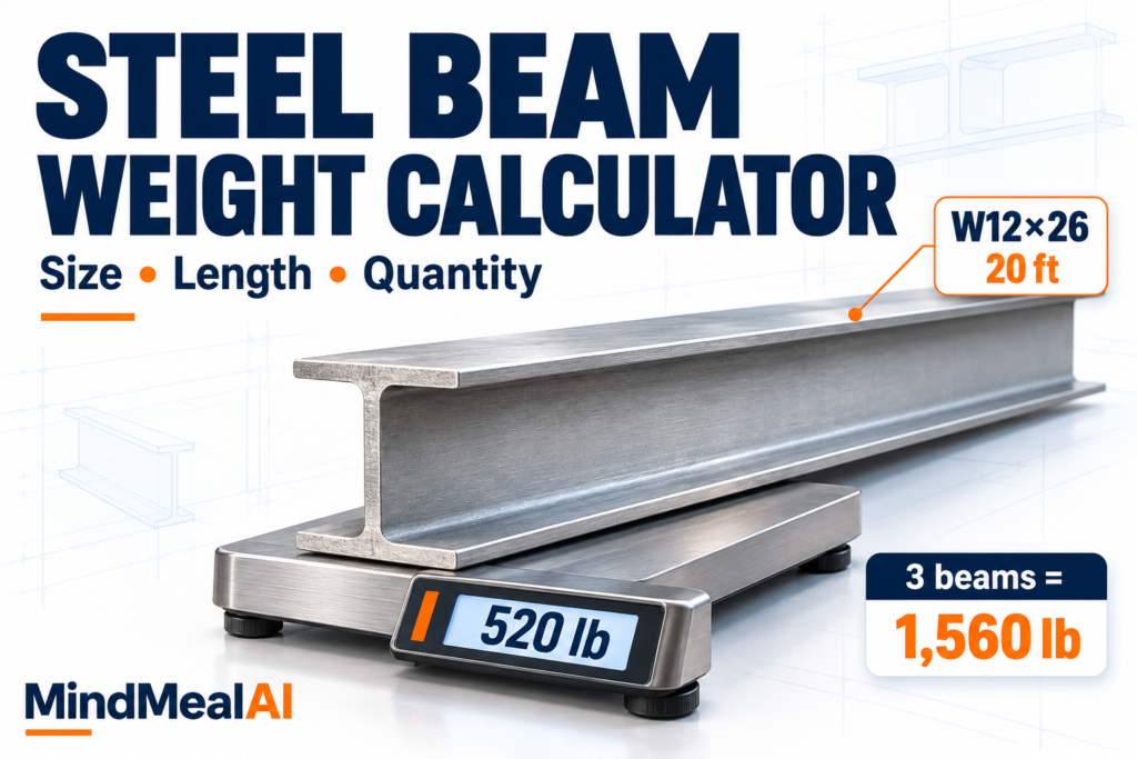 Steel beam weight calculator showing a 20-foot W12×26 beam with a nominal weight of 520 lb