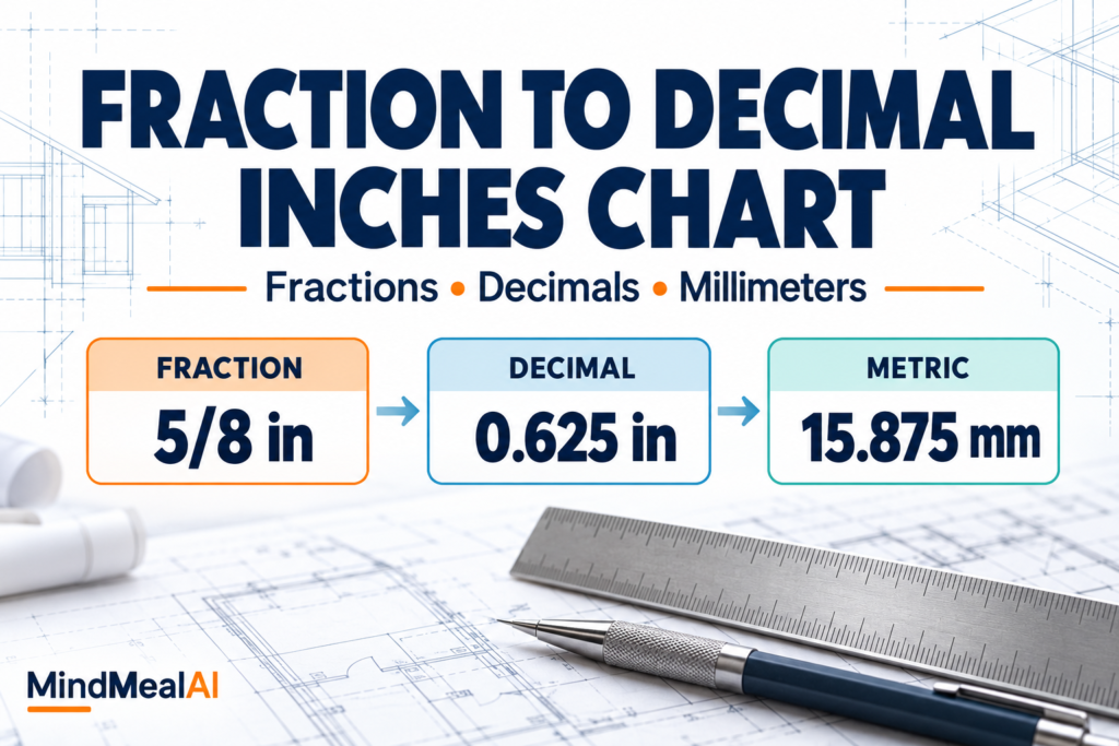 Fraction to decimal inches chart showing 5/8 inch as 0.625 inch and 15.875 mm
