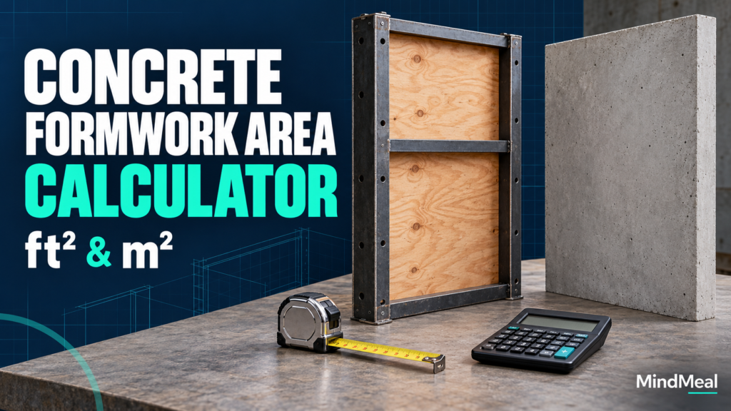 Concrete Formwork Area Calculator with a plywood form panel, concrete wall sample, tape measure, and calculator.