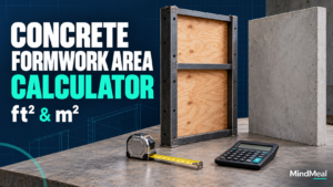 Concrete Formwork Area Calculator with a plywood form panel, concrete wall sample, tape measure, and calculator.