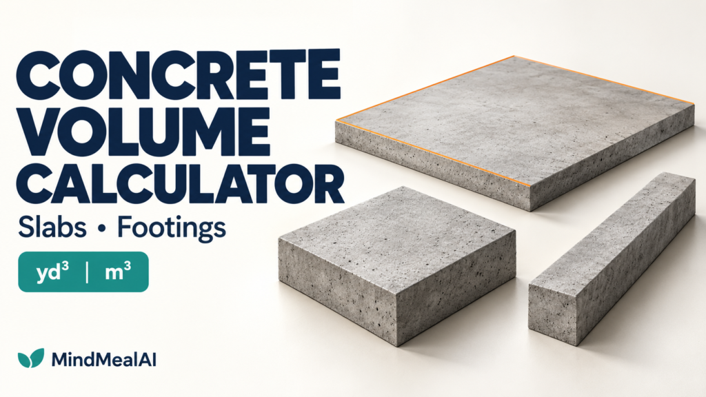 Concrete volume calculator showing a slab, isolated footing, and strip footing with cubic yard and cubic meter units.