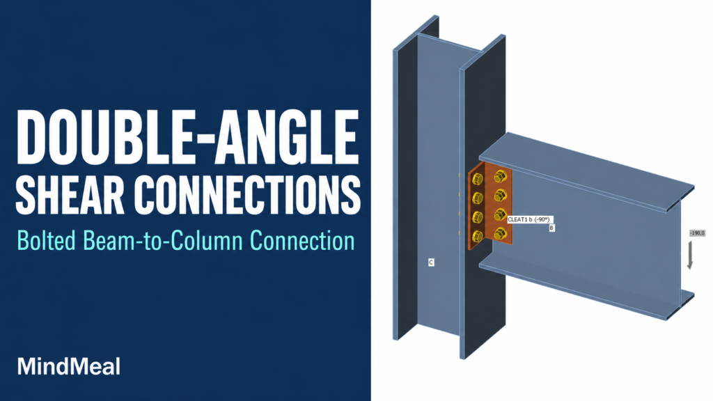 Conceptual cutaway of a double-angle shear connection between a steel beam web and a wide-flange column.