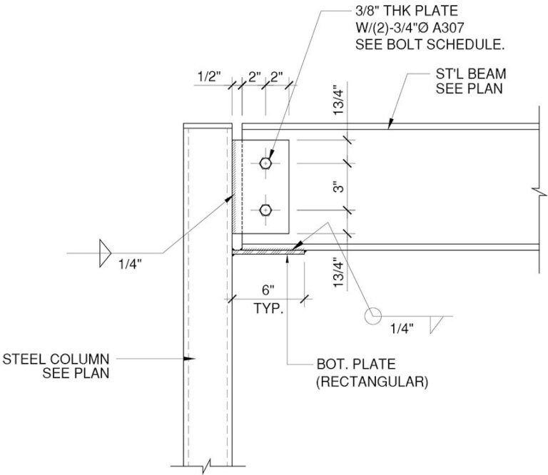 Shear tab connection with a plate welded to an HSS column and bolted to a steel beam web.