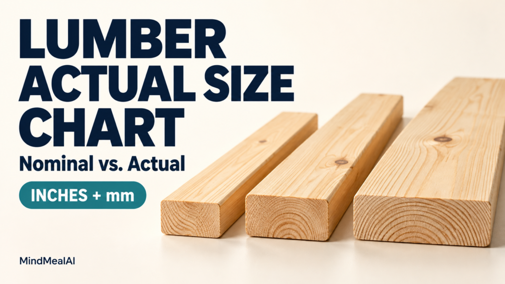 Lumber actual size chart featuring three surfaced wood boards of different widths, with nominal and actual dimensions in inches and millimeters.