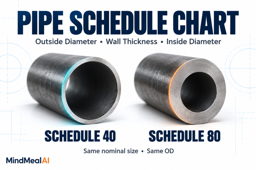 Pipe schedule chart comparing Schedule 40 and Schedule 80 wall thickness at the same nominal pipe size