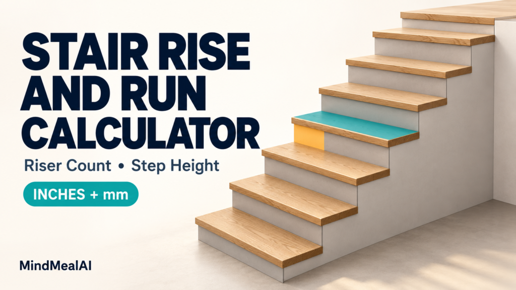 Stair rise and run calculator illustration with a vertical riser highlighted in orange and a horizontal tread highlighted in teal.