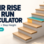Stair rise and run calculator illustration with a vertical riser highlighted in orange and a horizontal tread highlighted in teal.