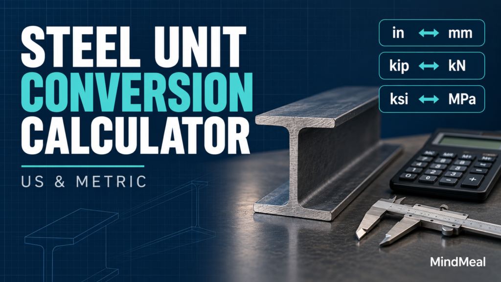 Steel unit conversion calculator with a steel beam and US-to-metric unit symbols.