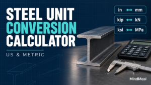 Steel unit conversion calculator with a steel beam and US-to-metric unit symbols.